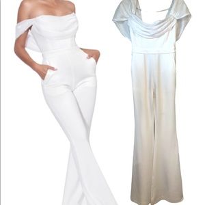 Miss Circle Size Small Sherlyn White Off the Shoulder Flared Crepe Jumpsuit